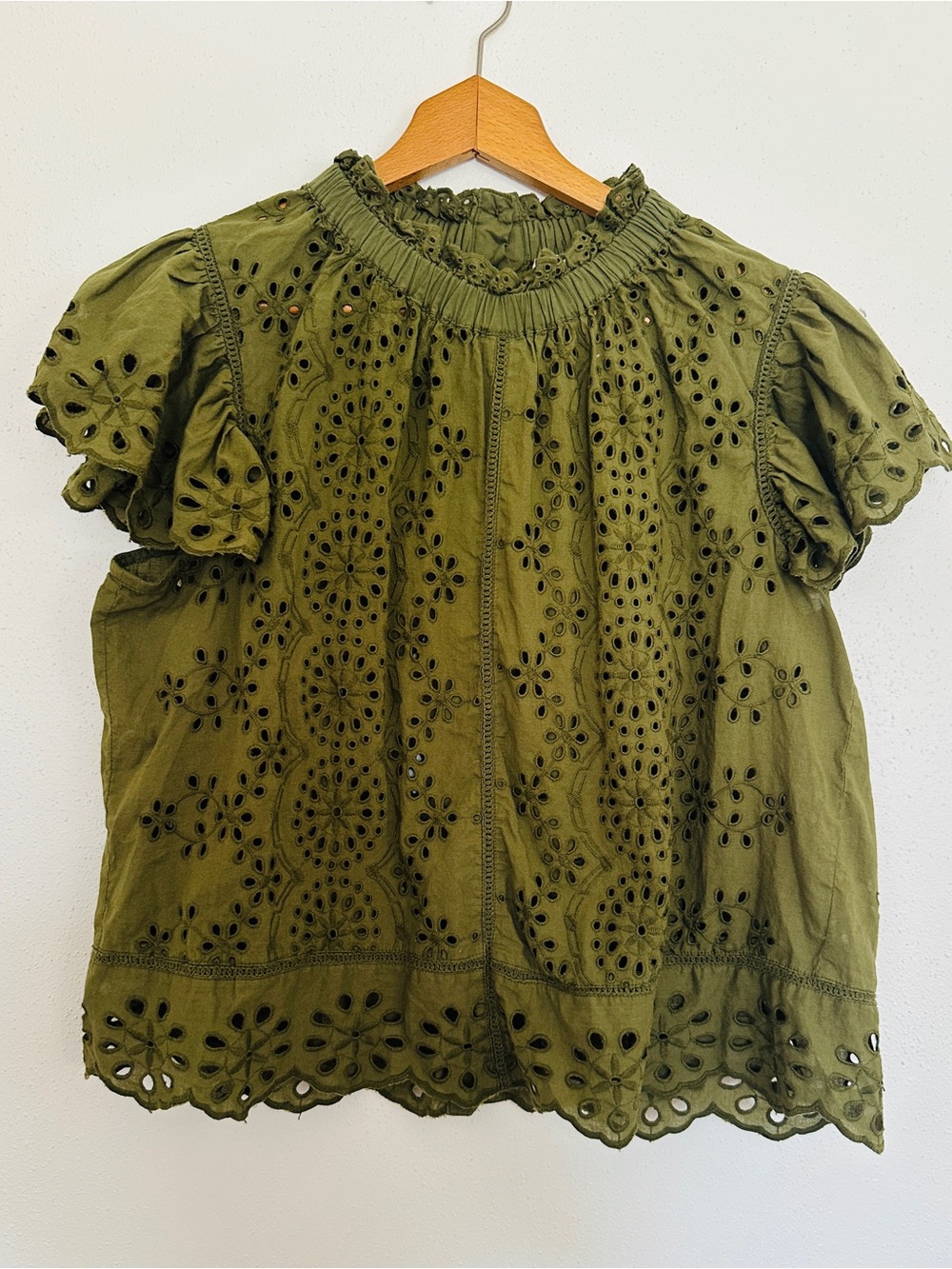 Jennifer & Grace Olive Green Eyelet Lace Ruffle Blouse Top Size L Boho